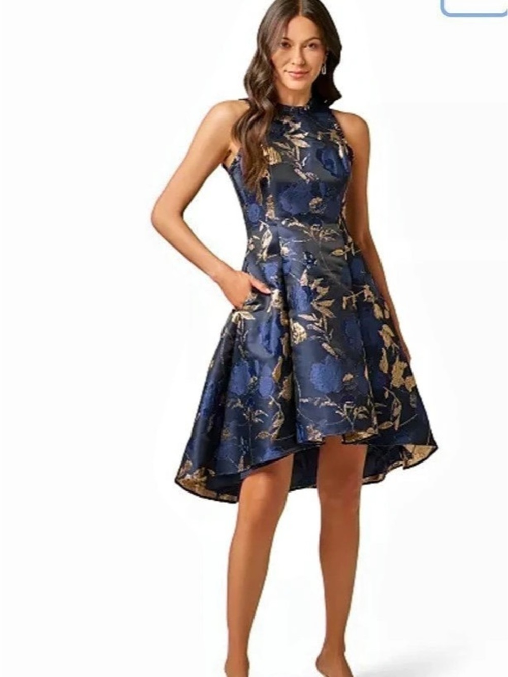 Adrianna Papell Metallic Floral Jacquard High Low Draped Gown Blue & Gold